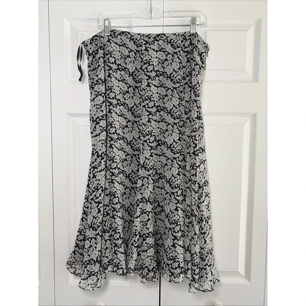 Lauren Ralph Lauren Floral Silk Midi Skirt Womens 14W Blue White A-Line Chiffon